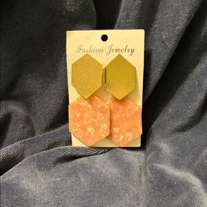Fashion Jewelry Gold and Peach Hexagon Drop Earrings - Resin & Metal